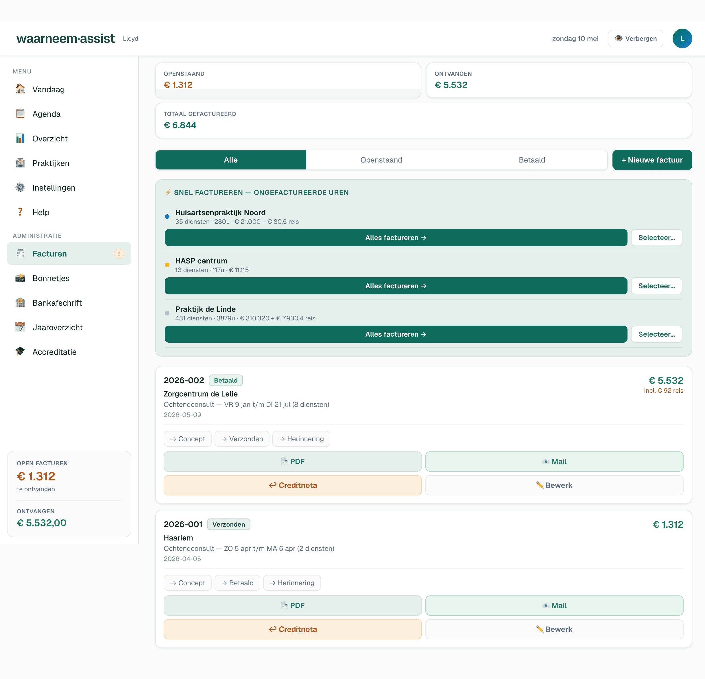 WaarneemAssist — Factuur aanmaken